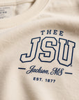 Beige sweatshirt with 'THEE JSU Jackson, MS EST. 1877' text in navy