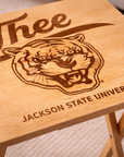 Walnut folding tray table with engraved “J’thee” logo and Jackson State University text