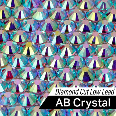 Close-up of AB crystal rhinestones with multicolor, rainbow-like facets