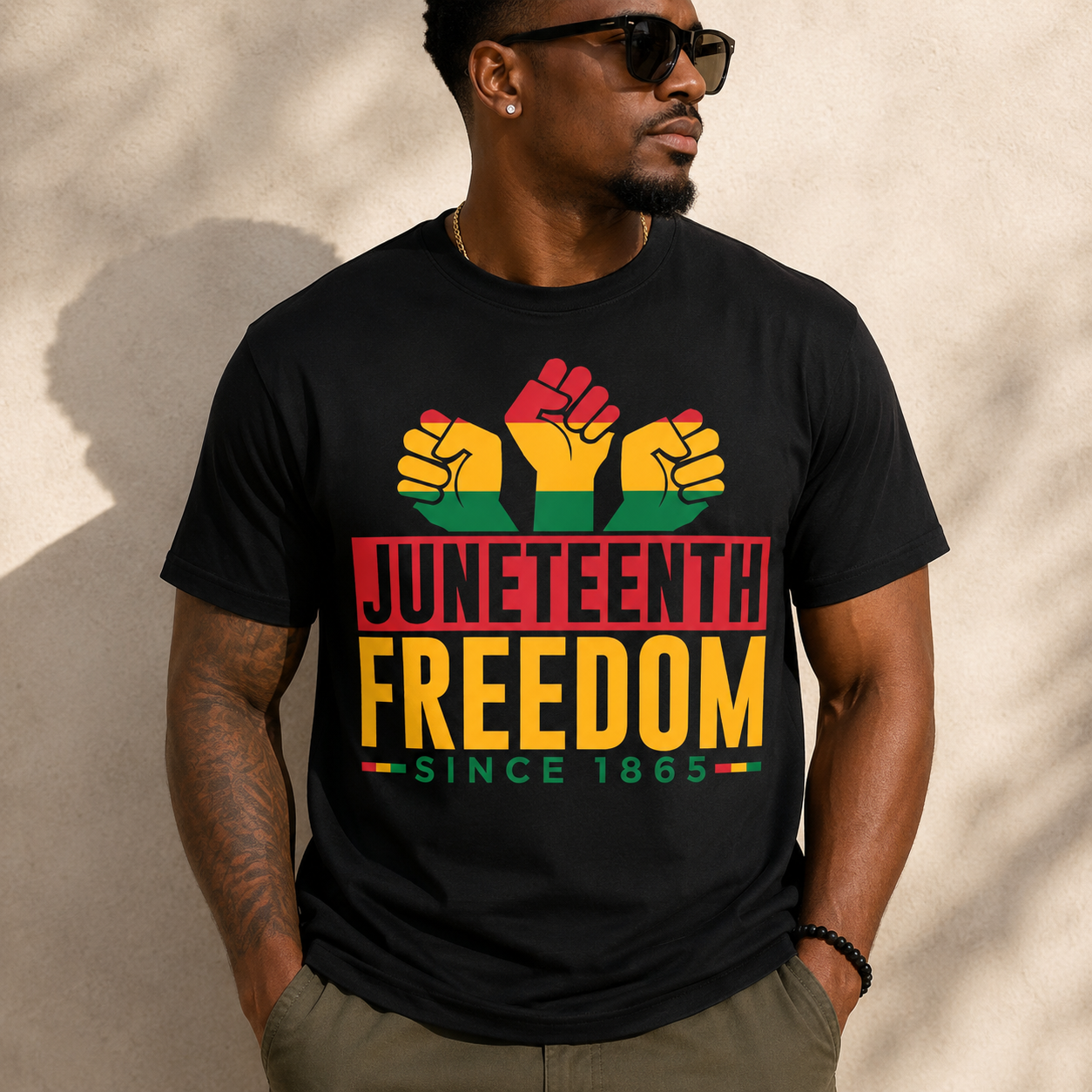 Black Juneteenth graphic T-shirt with raised fist icons and “JUNETEENTH FREEDOM”