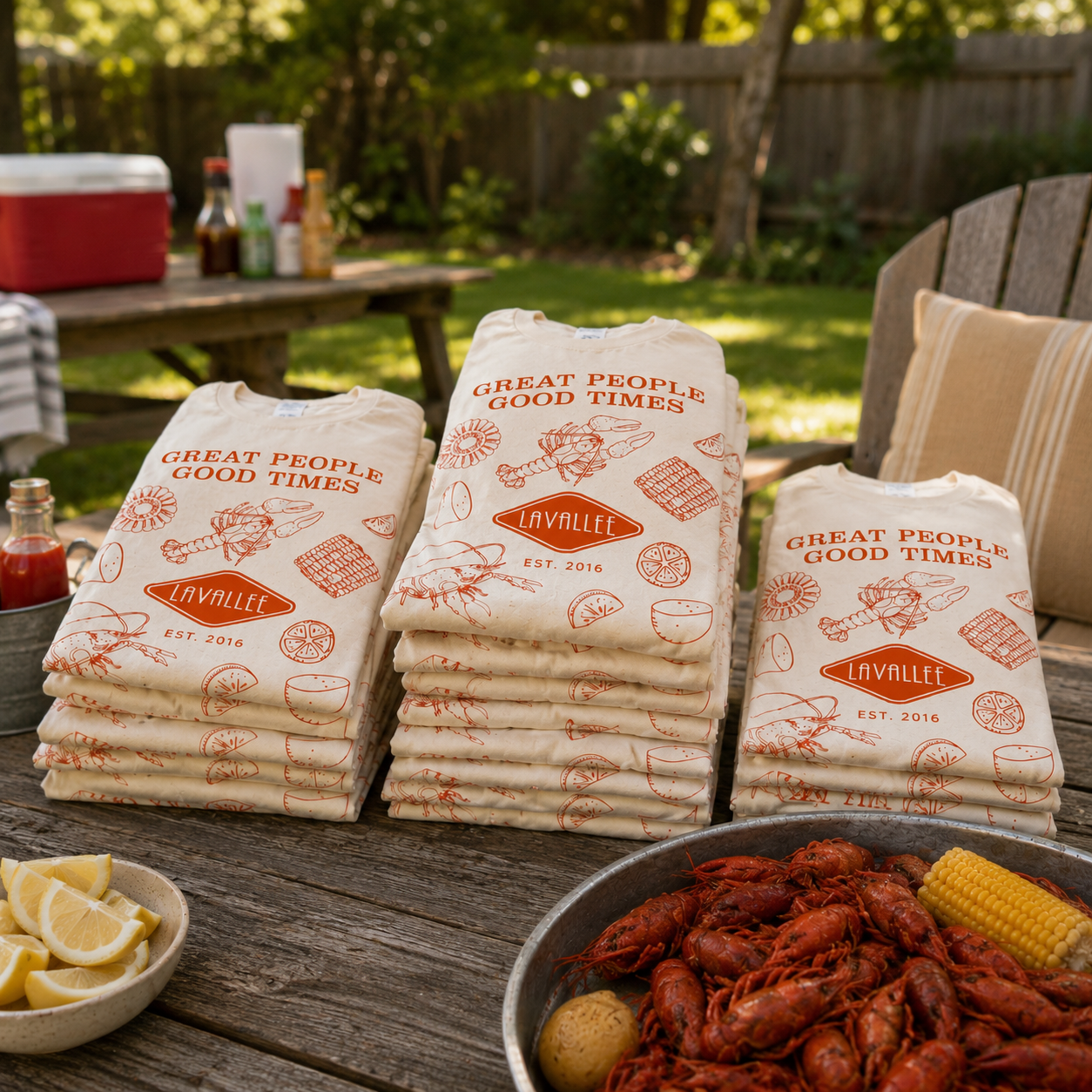 Folded Lavallee company anniversary t-shirts styled beside crawfish boil food spread in elevated editorial home setting with Southern-inspired branding aesthetic.