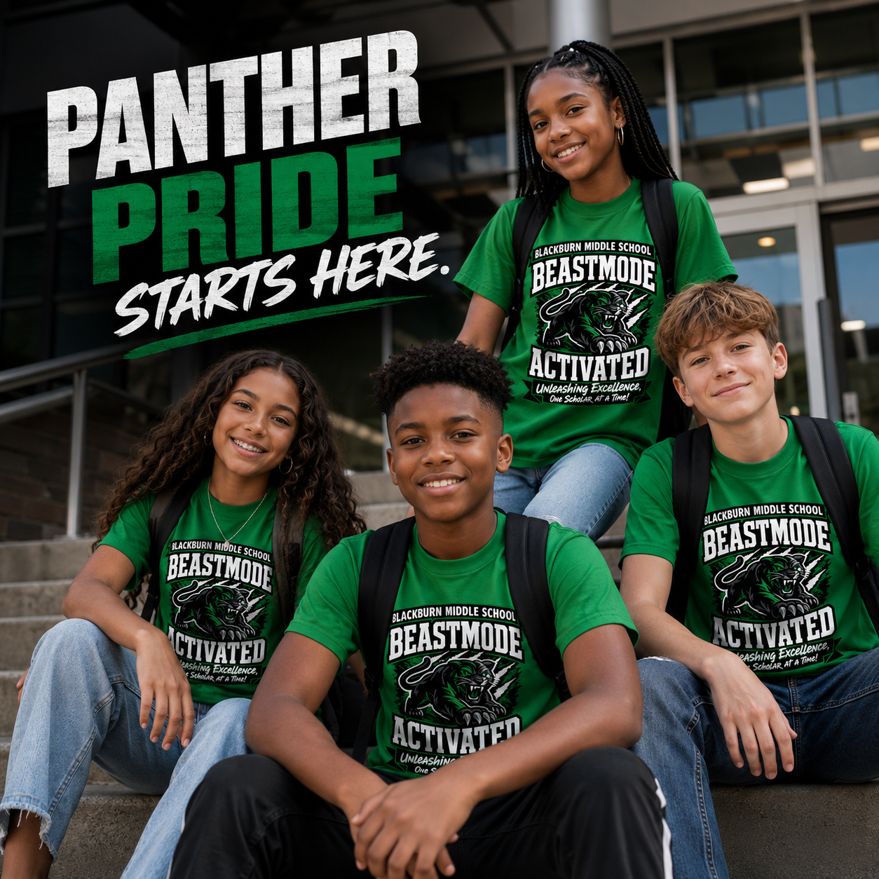 Green short-sleeve crew t-shirt with BEASTMODE ACTIVATED logo worn by students