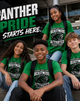 Green short-sleeve crew t-shirt with BEASTMODE ACTIVATED logo worn by students