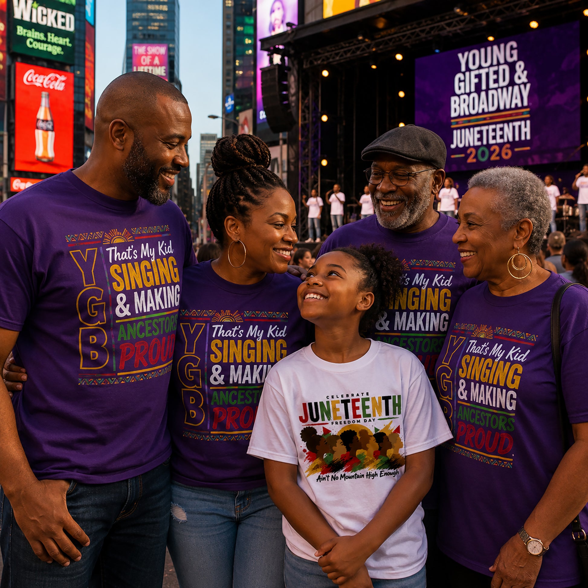 Family wearing 'Juneteenth' and '#YGB' t-shirts in a city street setting.