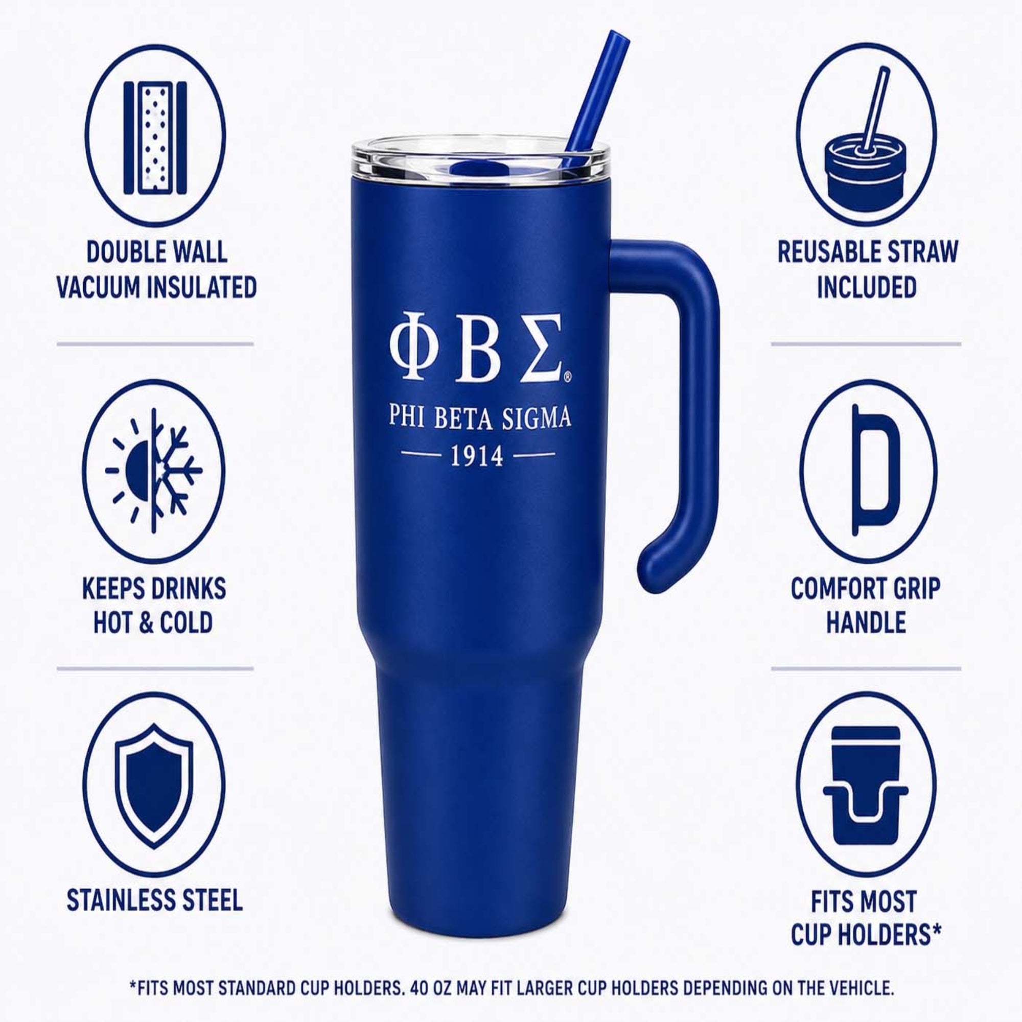 Blue insulated tumbler with Phi Beta Sigma logo and features listed on a white background