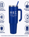 Blue insulated tumbler with Phi Beta Sigma logo and features listed on a white background