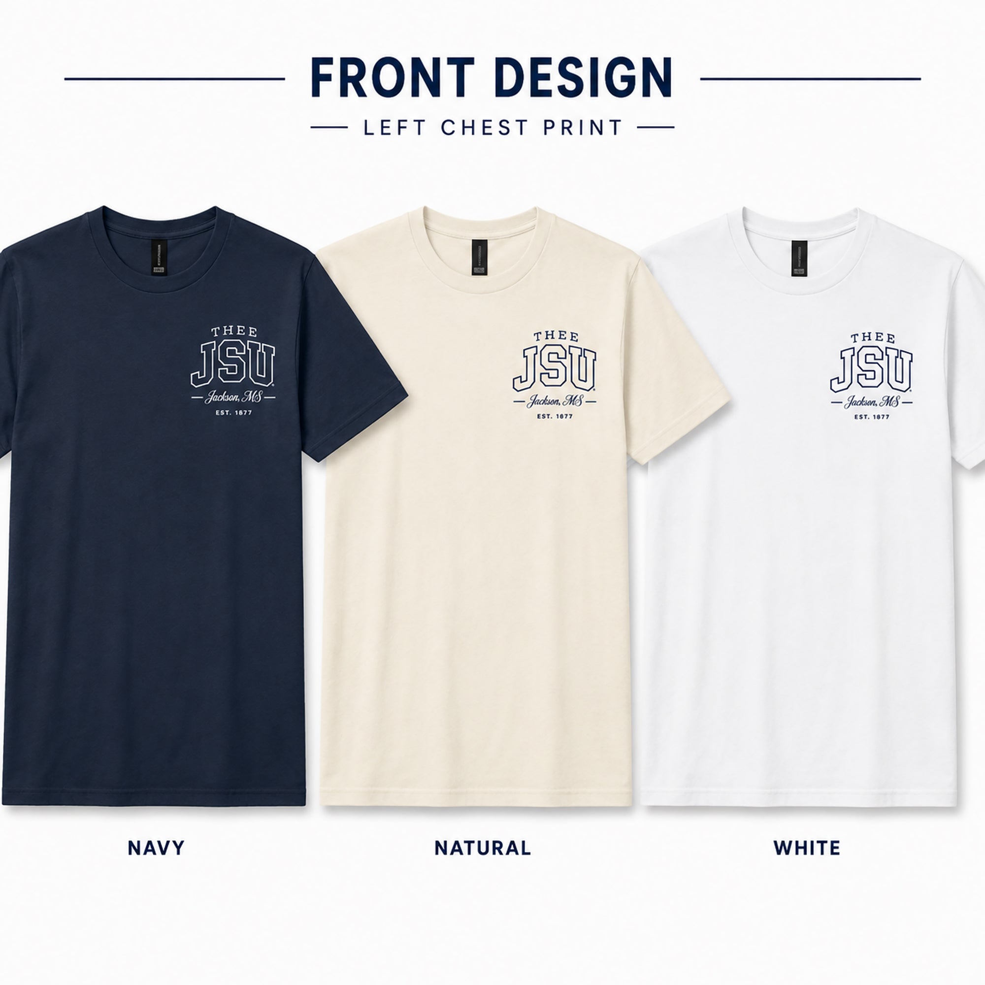 Three t-shirts in navy, natural, and white with a left chest print on a white background.