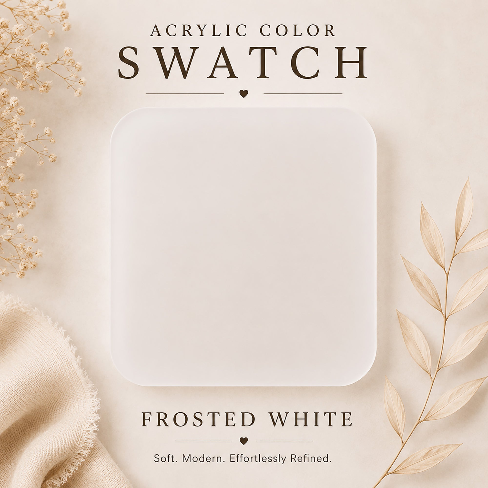 Acrylic color swatch labeled 'Frosted White' with decorative elements on a beige background.