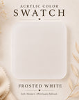 Acrylic color swatch labeled 'Frosted White' with decorative elements on a beige background.