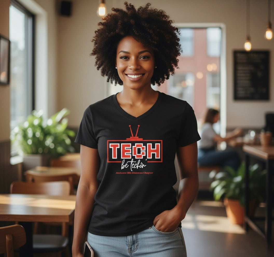 Black V-neck T-shirt featuring red TECH logo and be techin’ text.