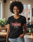 Black V-neck T-shirt featuring red TECH logo and be techin’ text.