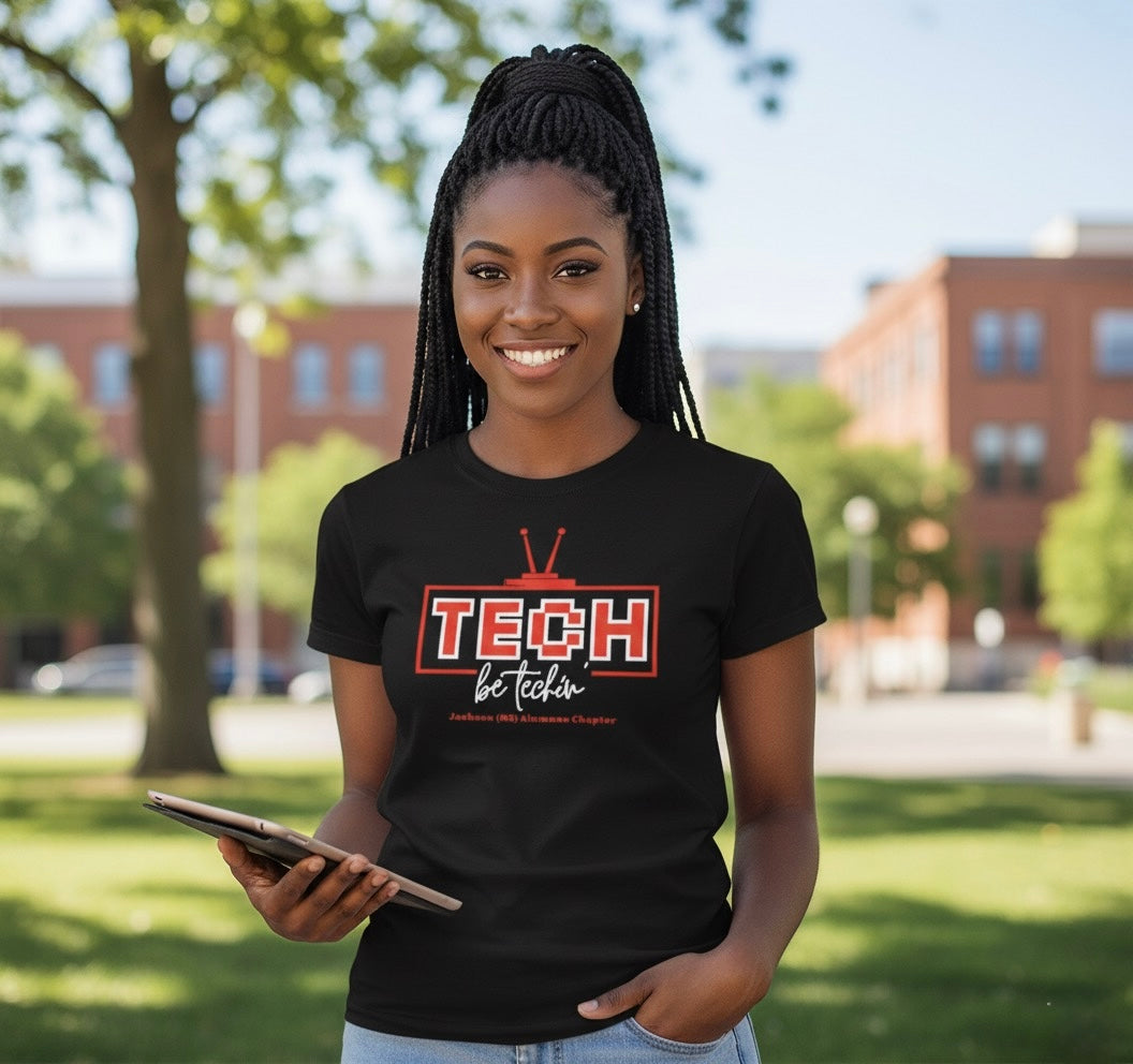 Black T-shirt featuring red TECH logo and be techin’ text.