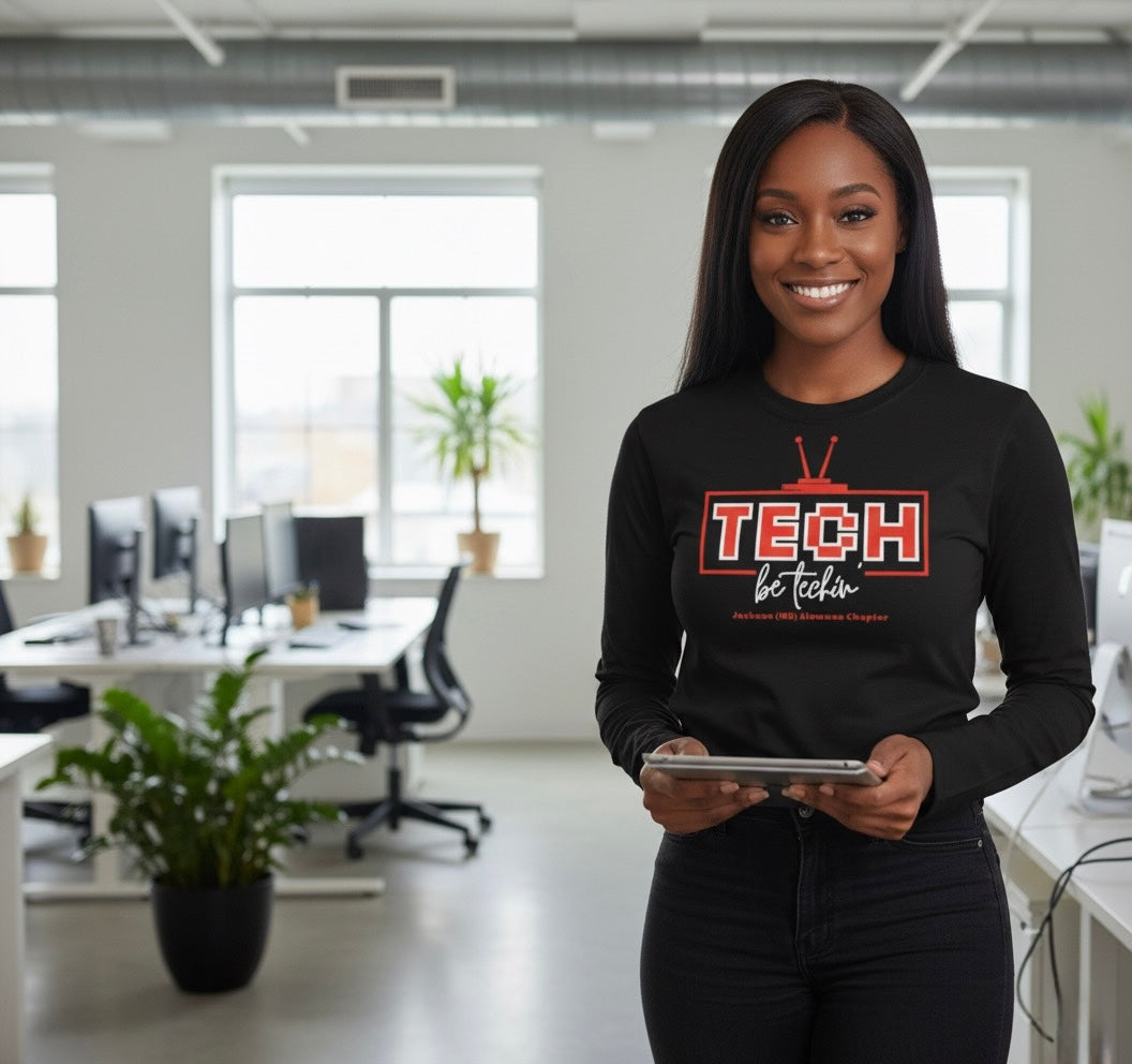 Black long sleeve shirt featuring red TECH logo and be techin’ text.
