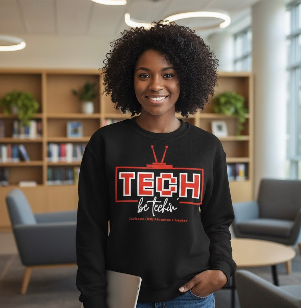 Black sweatshirt featuring red TECH logo and be techin’ text.