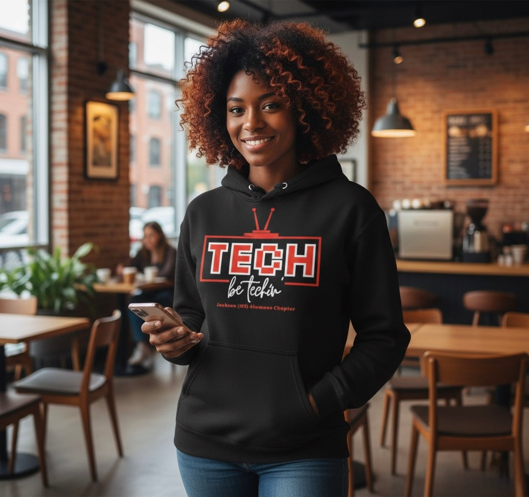 Black hoodie with colorful TECH committee logo and slogan graphic on front pocket