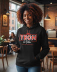 Black hoodie with colorful TECH committee logo and slogan graphic on front pocket