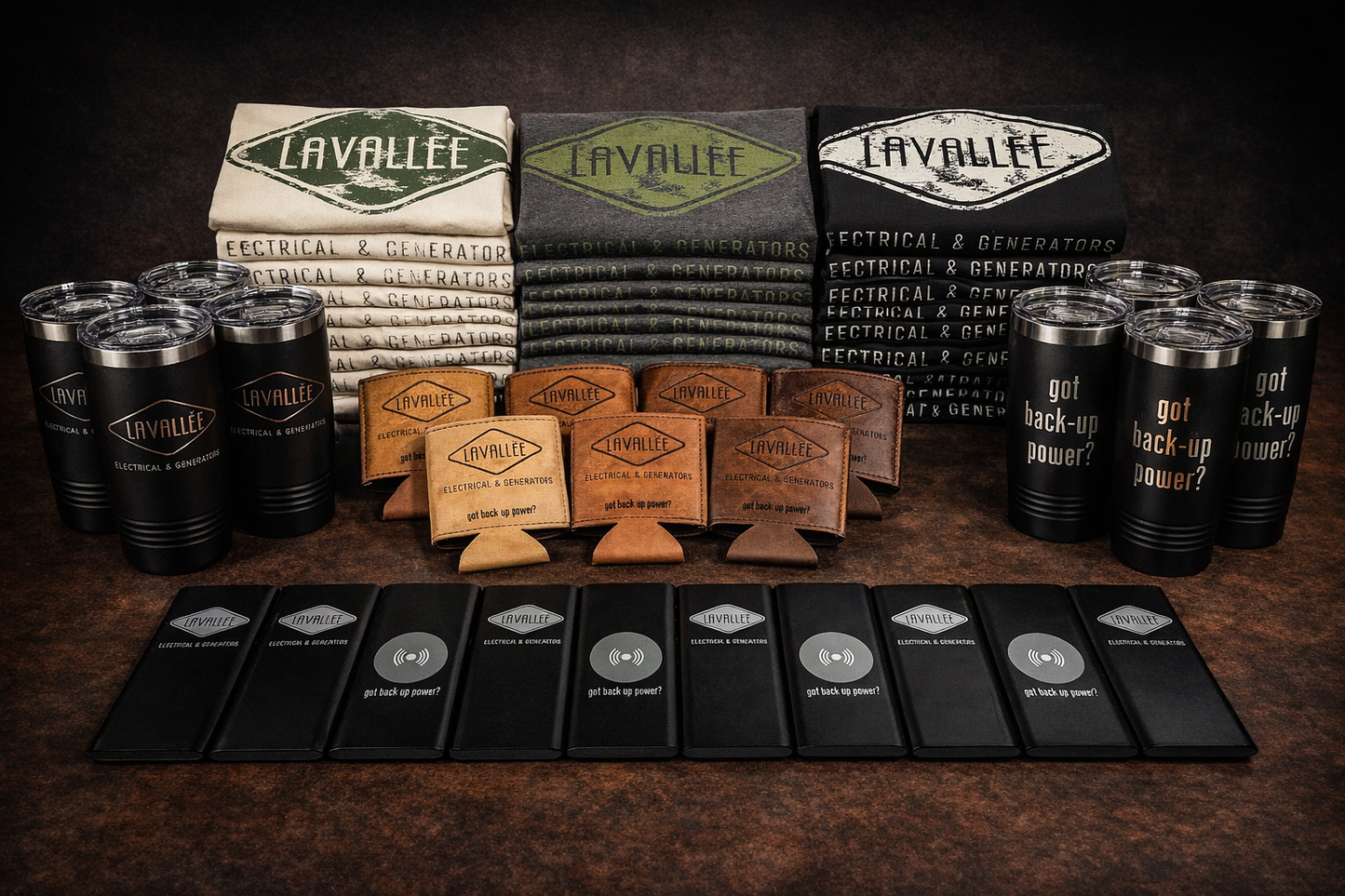 Collection of Lavallee branded products including tumblers, coasters, and coasters on a dark surface.