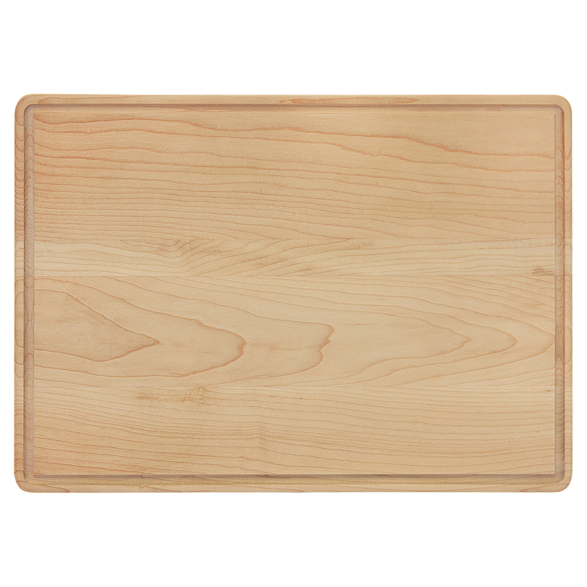 Wooden cutting board with a natural finish on a white background