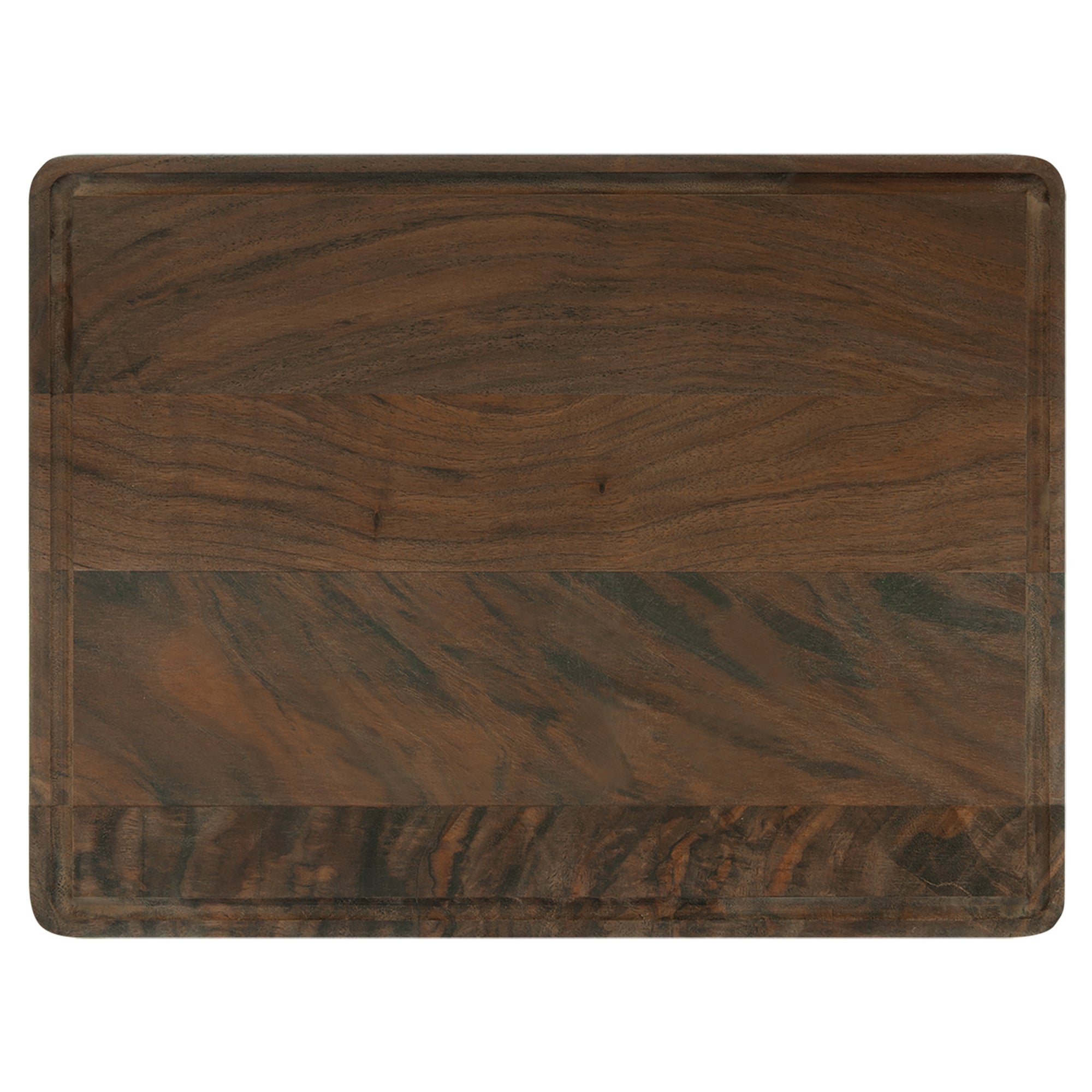 Wooden cutting board with a dark brown finish on a white background