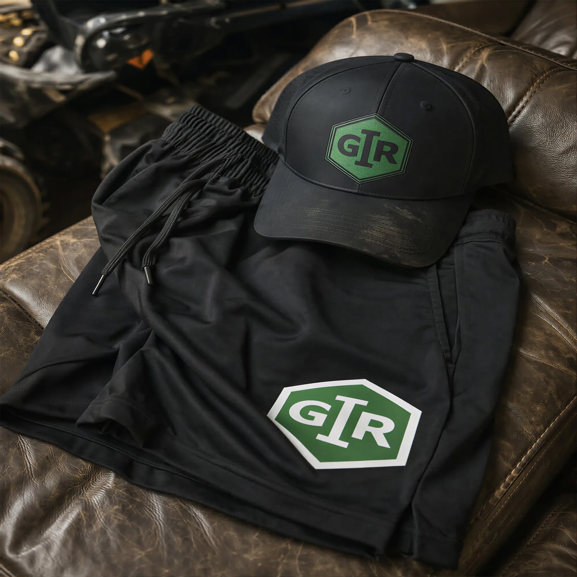 Powersports apparel shorts styled with matching hat