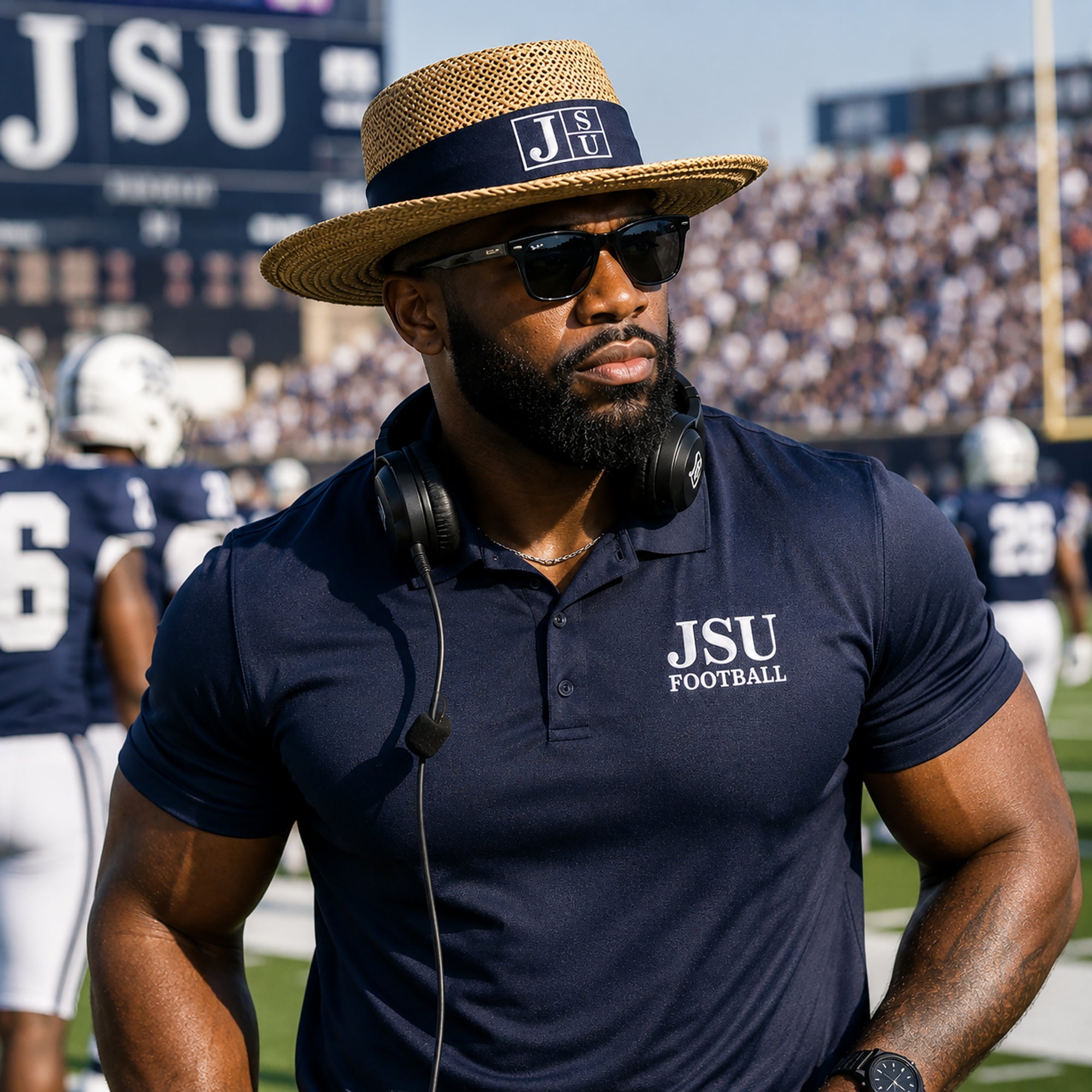 A man on a football field wearing a navy blue JSU Football polo shirt, a straw block letter JSU gambler hat, and sunglasses, with players and stadium stands blurred in the background.