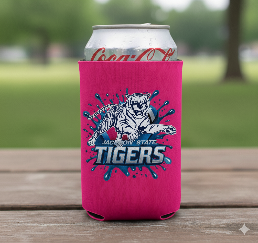 Pink can cooler with Tigers logo and Jackson State text