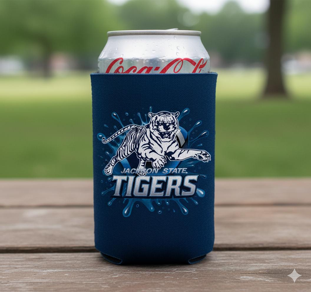 Navy blue can cooler with Tigers logo and Jackson State text