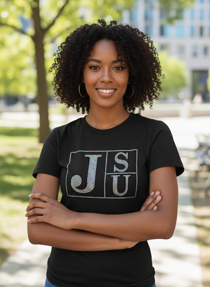 Black crew-neck rhinestone block-letter T-shirt with JSU design on chest