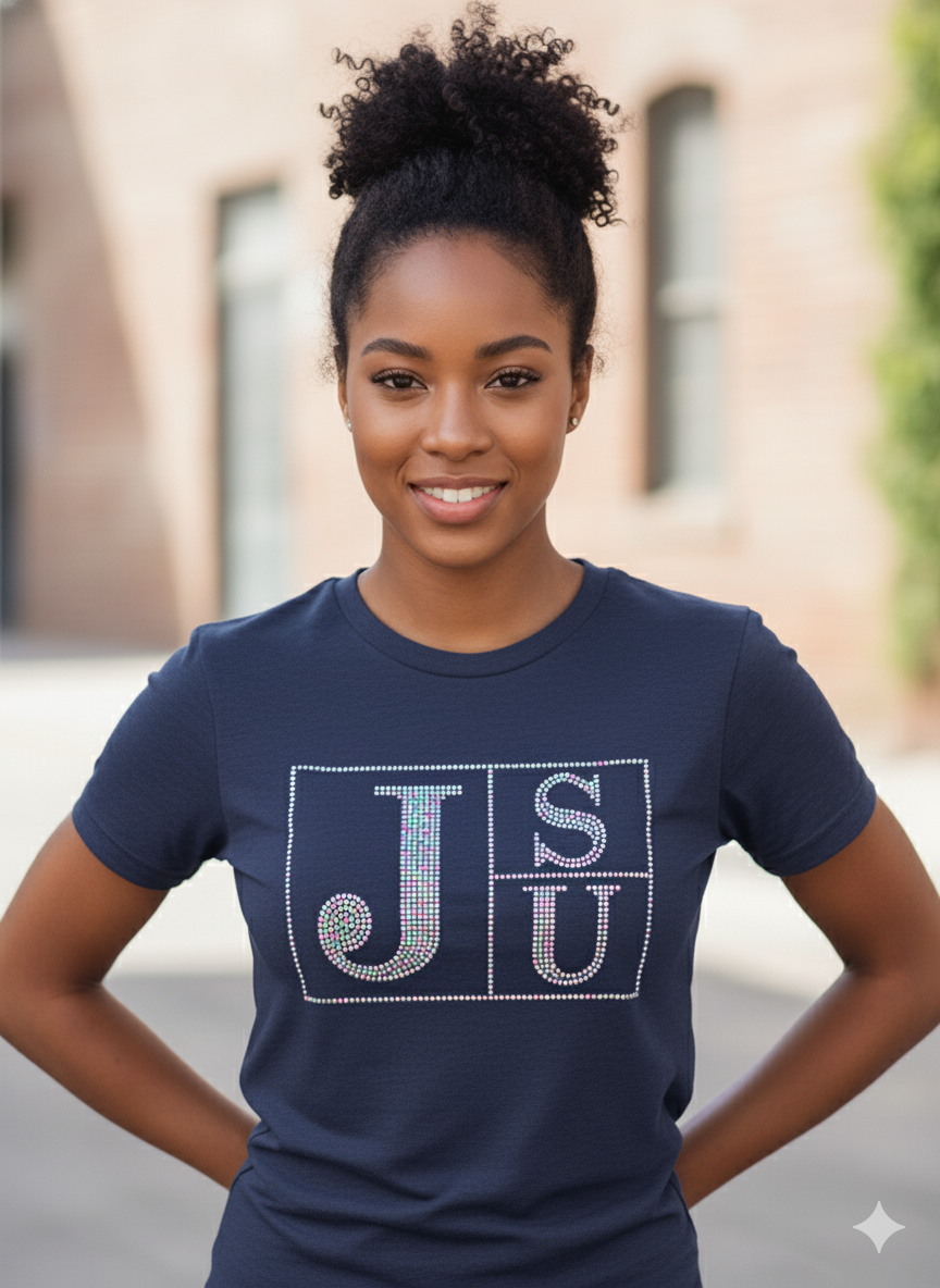 Navy crew-neck rhinestone block-letter T-shirt with JSU design on chest
