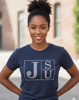 Navy crew-neck rhinestone block-letter T-shirt with JSU design on chest