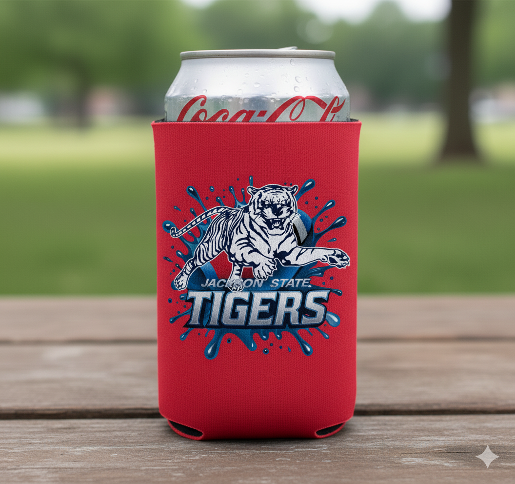 Red can cooler with Tigers logo and Jackson State text