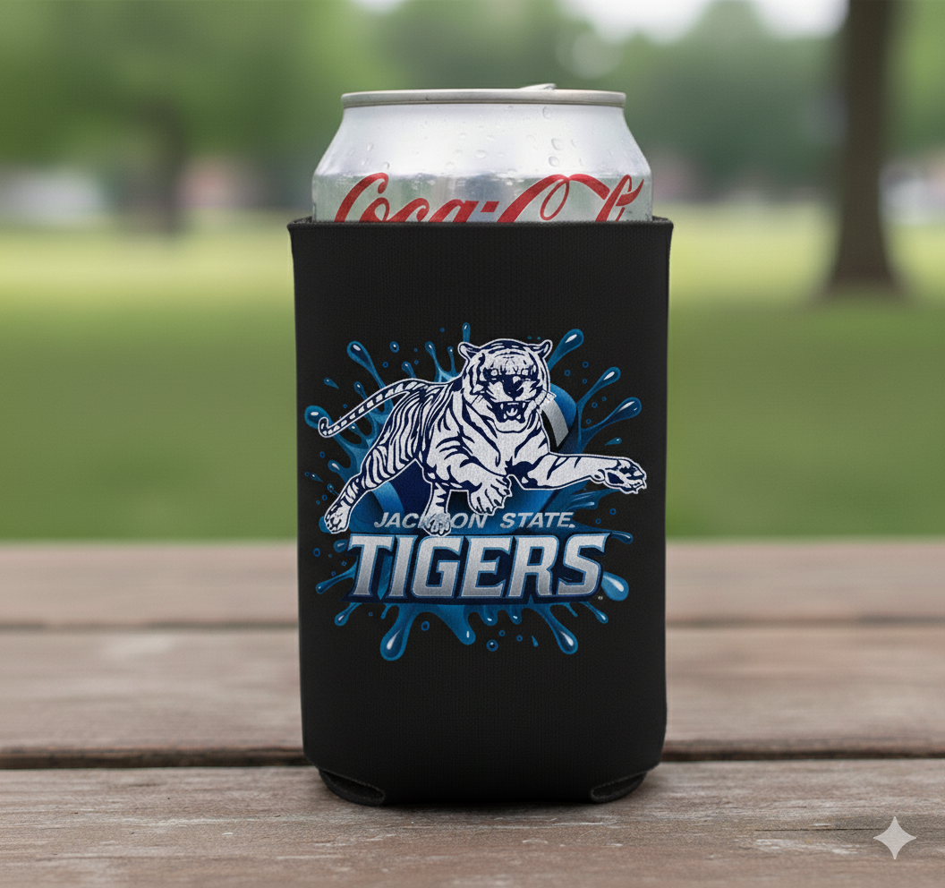 Black can cooler with Tigers logo and Jackson State text