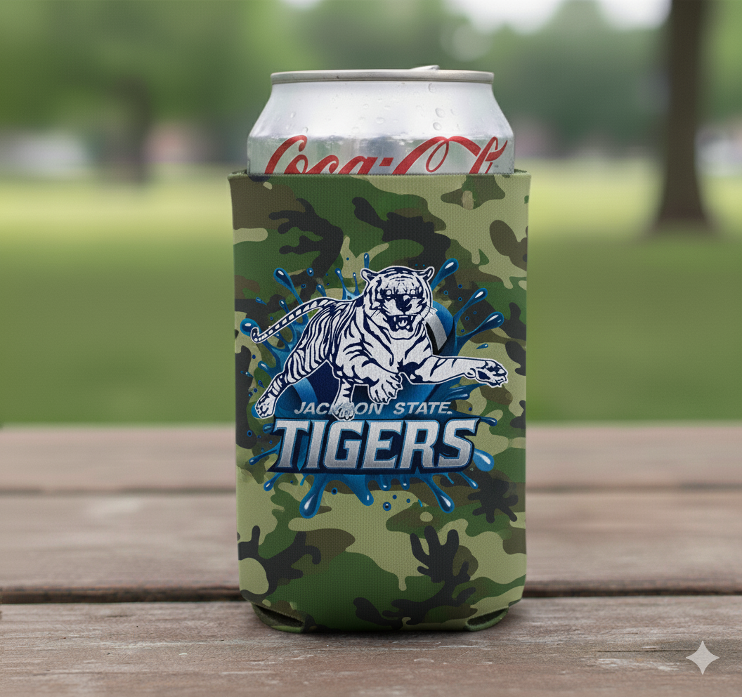 Green woodland camo can cooler with Tigers logo and Jackson State text