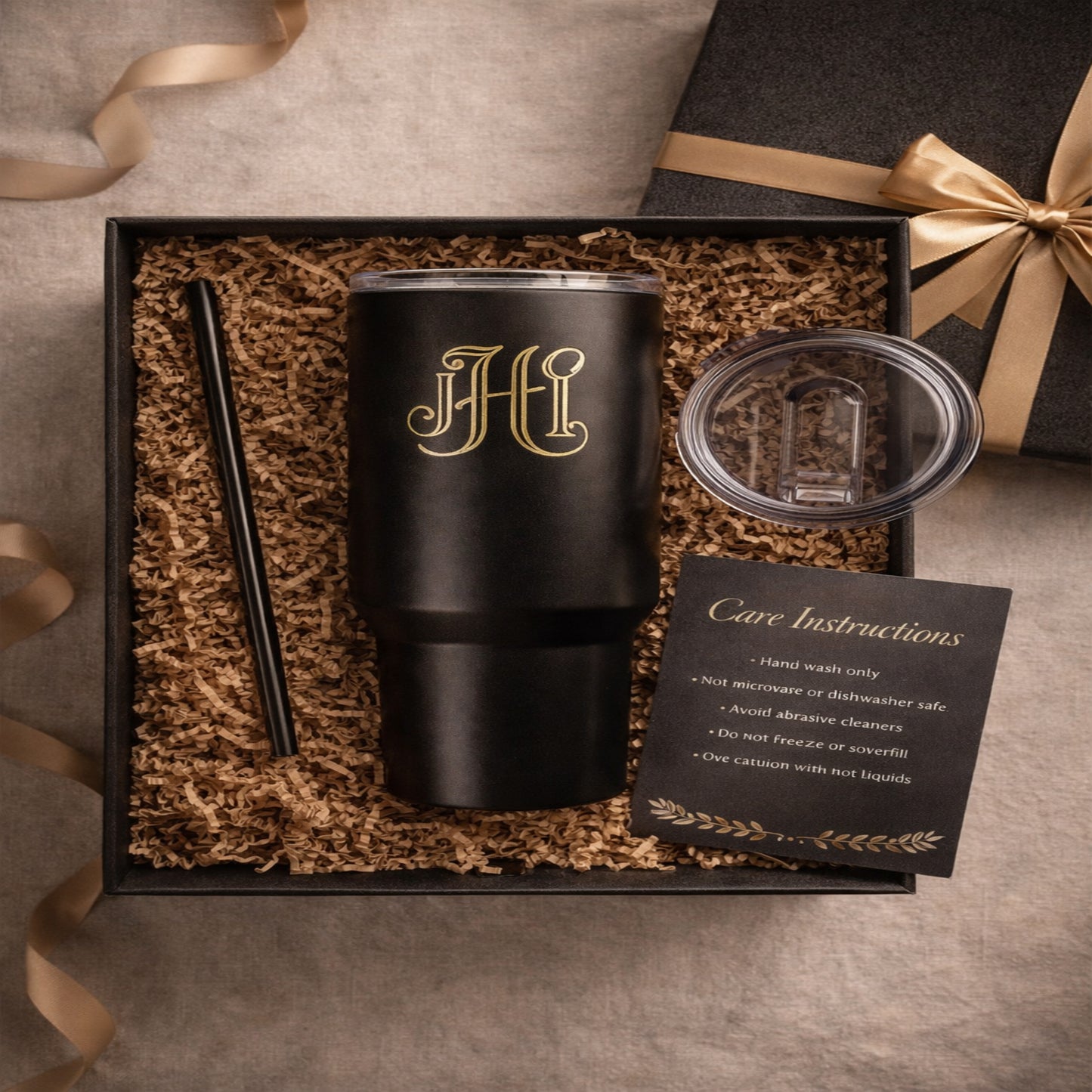 Gift box flat lay — tumbler, lid, straw, care card