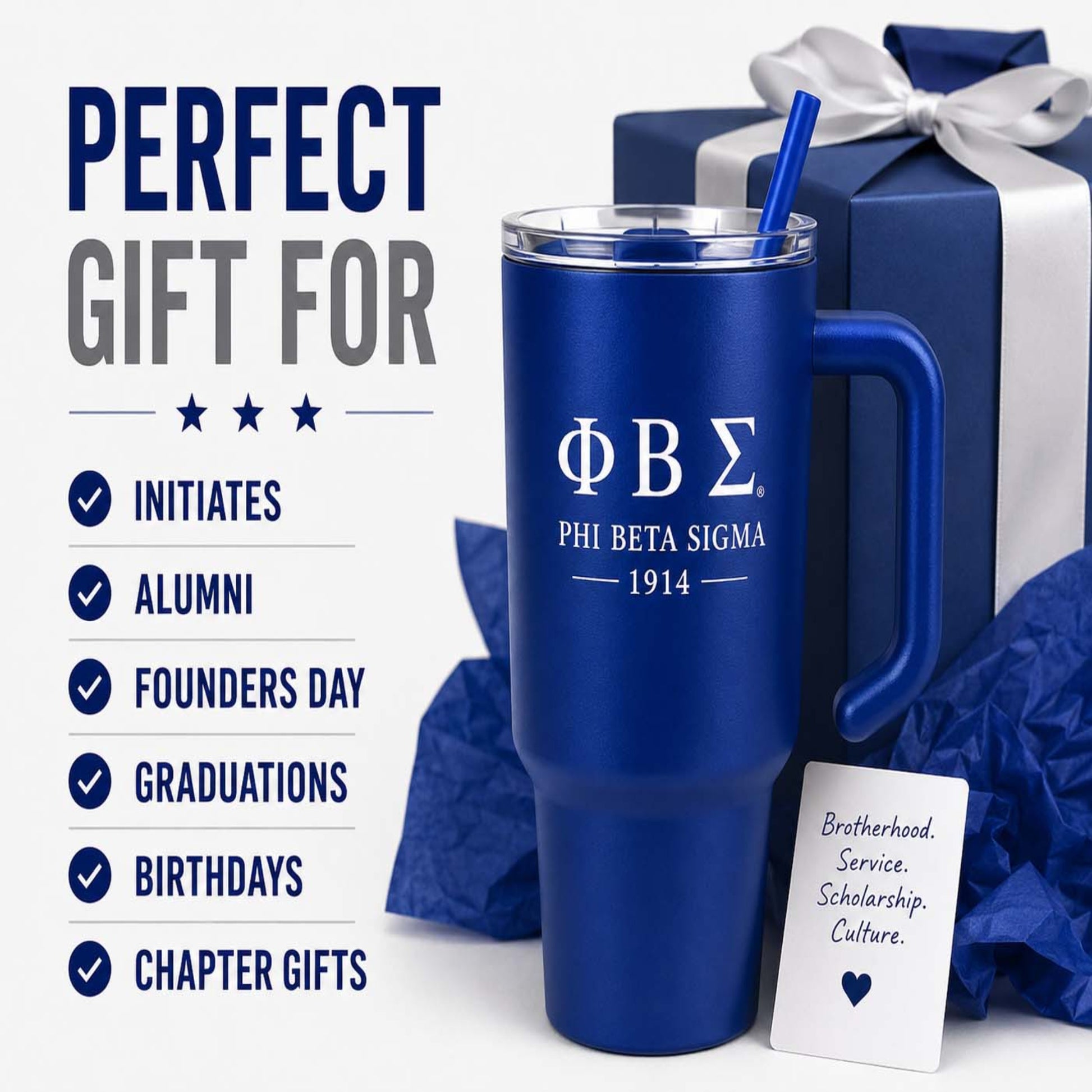 Blue travel mug with Phi Beta Sigma logo in front of a gift box, with text indicating uses for the gift.