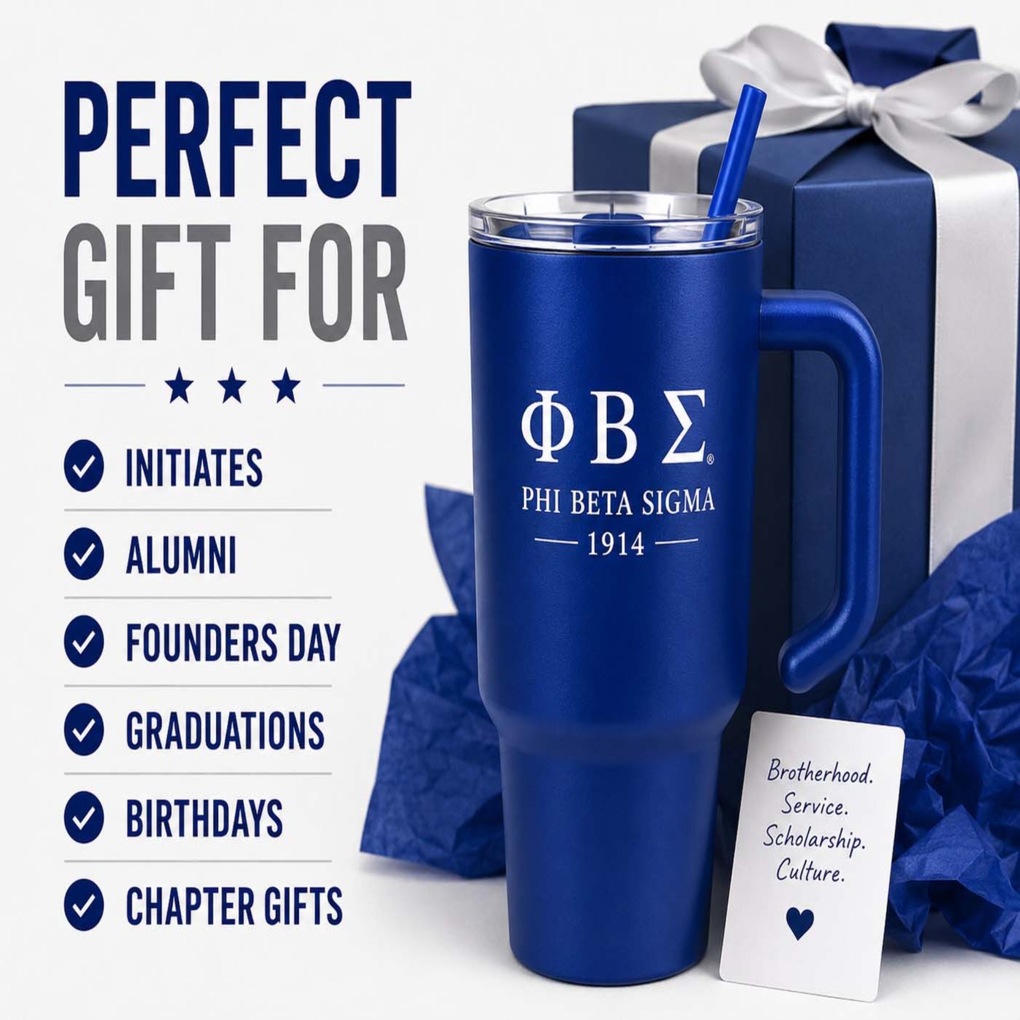 Blue travel mug with Phi Beta Sigma logo in front of a gift box, with text indicating uses for the gift.