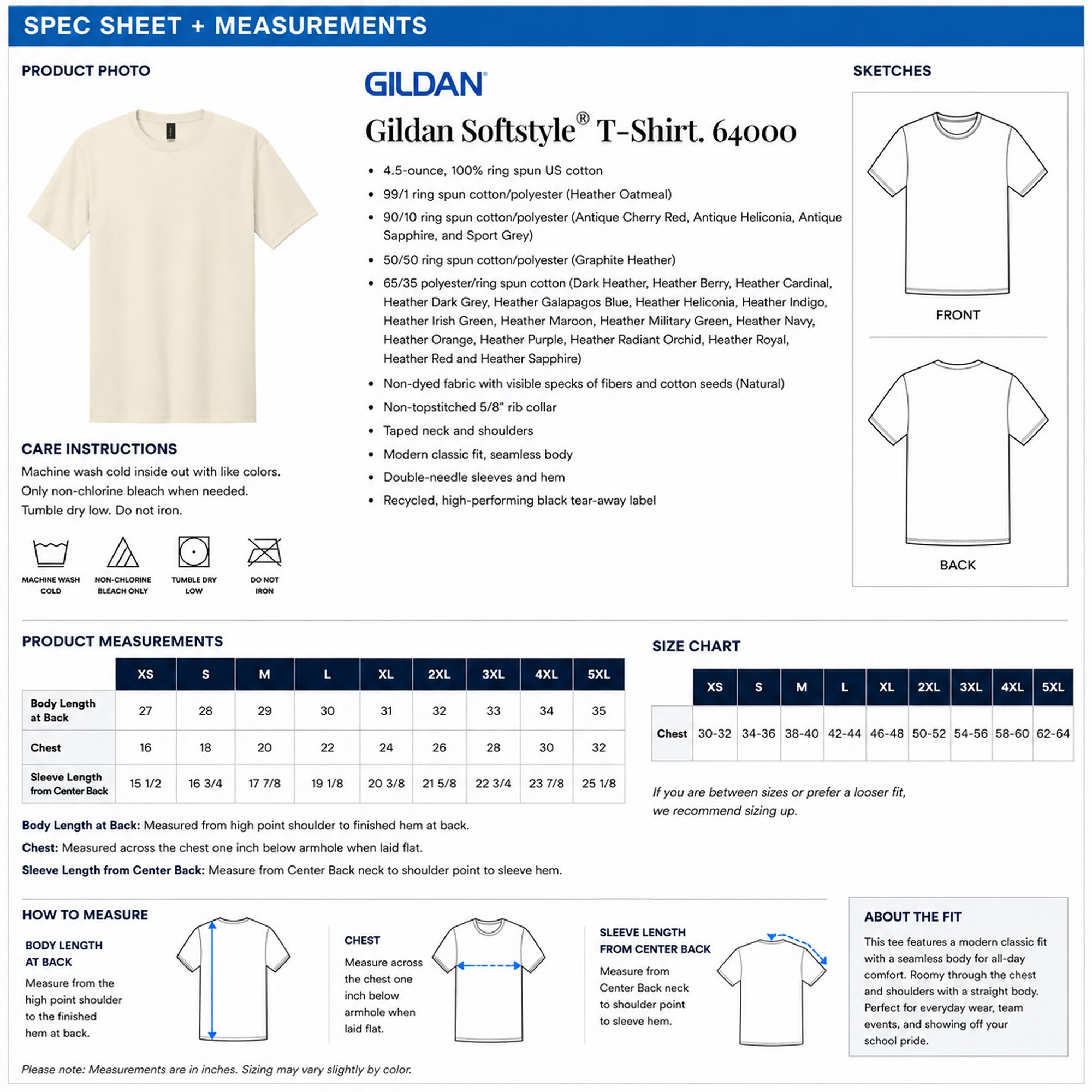Gildan Softstyle T-shirt specification sheet with product photo, care instructions, size chart, and sketches.