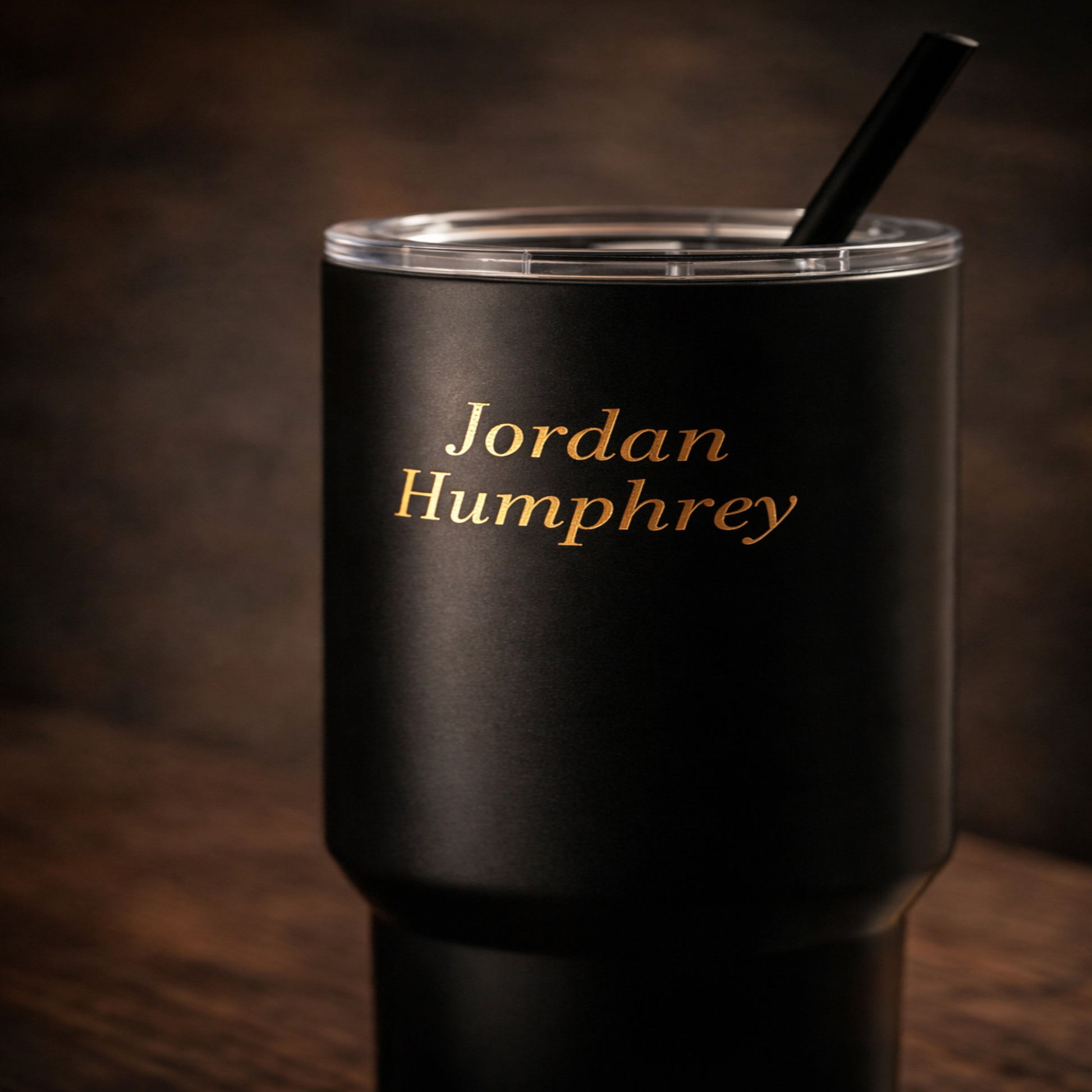 Gold Plate tumbler close-up showing gold engraving reveal