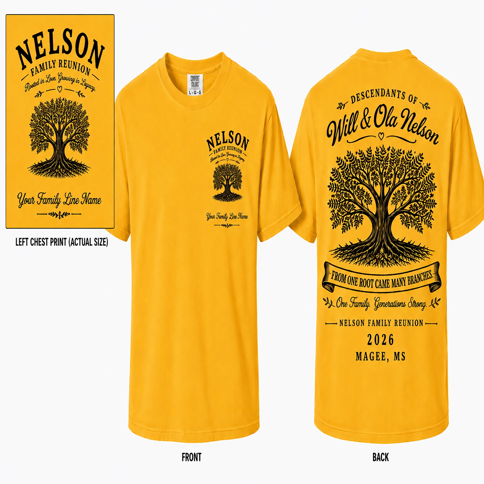 Yellow Nelson family reunion T-shirt with tree graphic on front and back text
