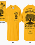 Yellow Nelson family reunion T-shirt with tree graphic on front and back text