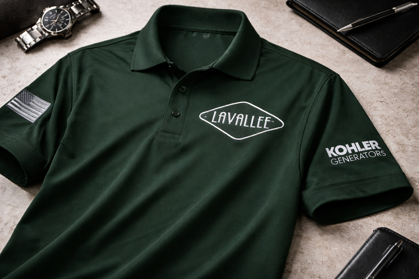 Green polo shirt with 'Lavallee' and 'Kohler Generators' logos on a concrete surface.