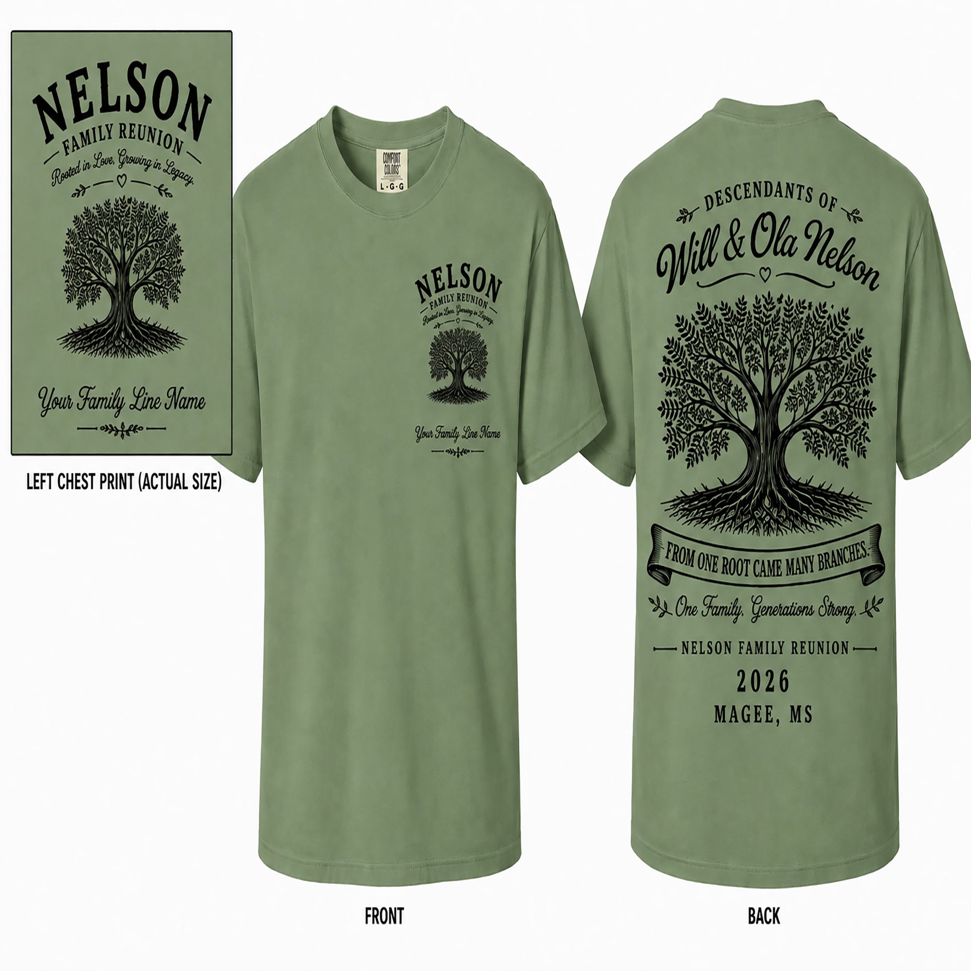 Sage green Nelson family reunion T-shirt with tree graphic on front and back text