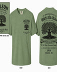 Sage green Nelson family reunion T-shirt with tree graphic on front and back text