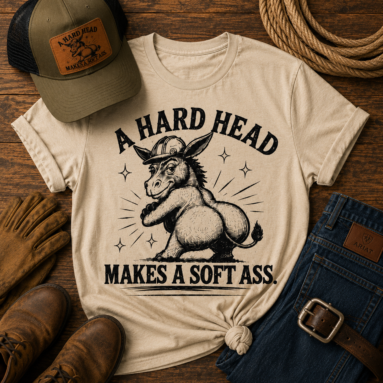 Western-inspired flat lay featuring graphic t-shirt, leather patch hat, denim jeans, and boots from the My Mama Said collection