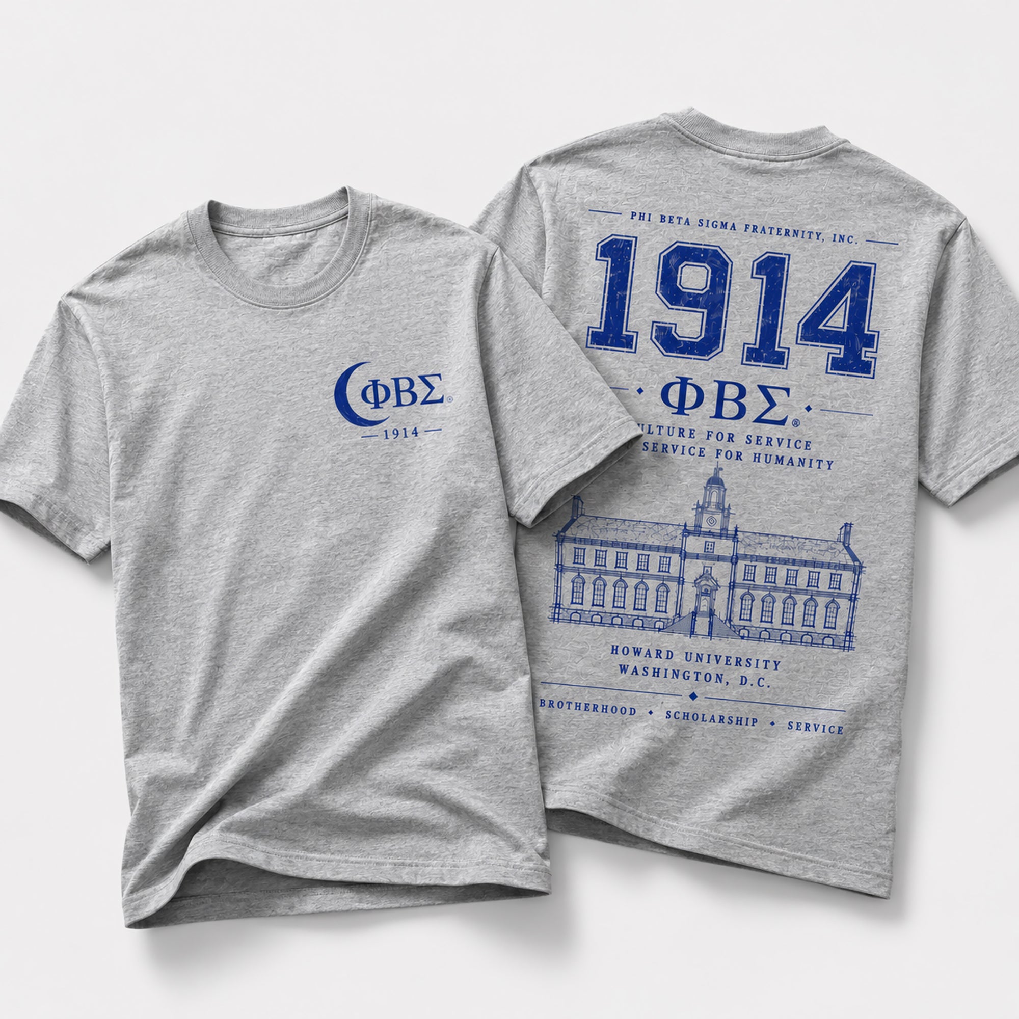 Front and back view of Phi Beta Sigma 1914 t-shirt featuring distressed collegiate artwork and Howard University illustration