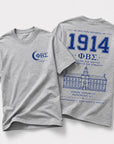 Front and back view of Phi Beta Sigma 1914 t-shirt featuring distressed collegiate artwork and Howard University illustration