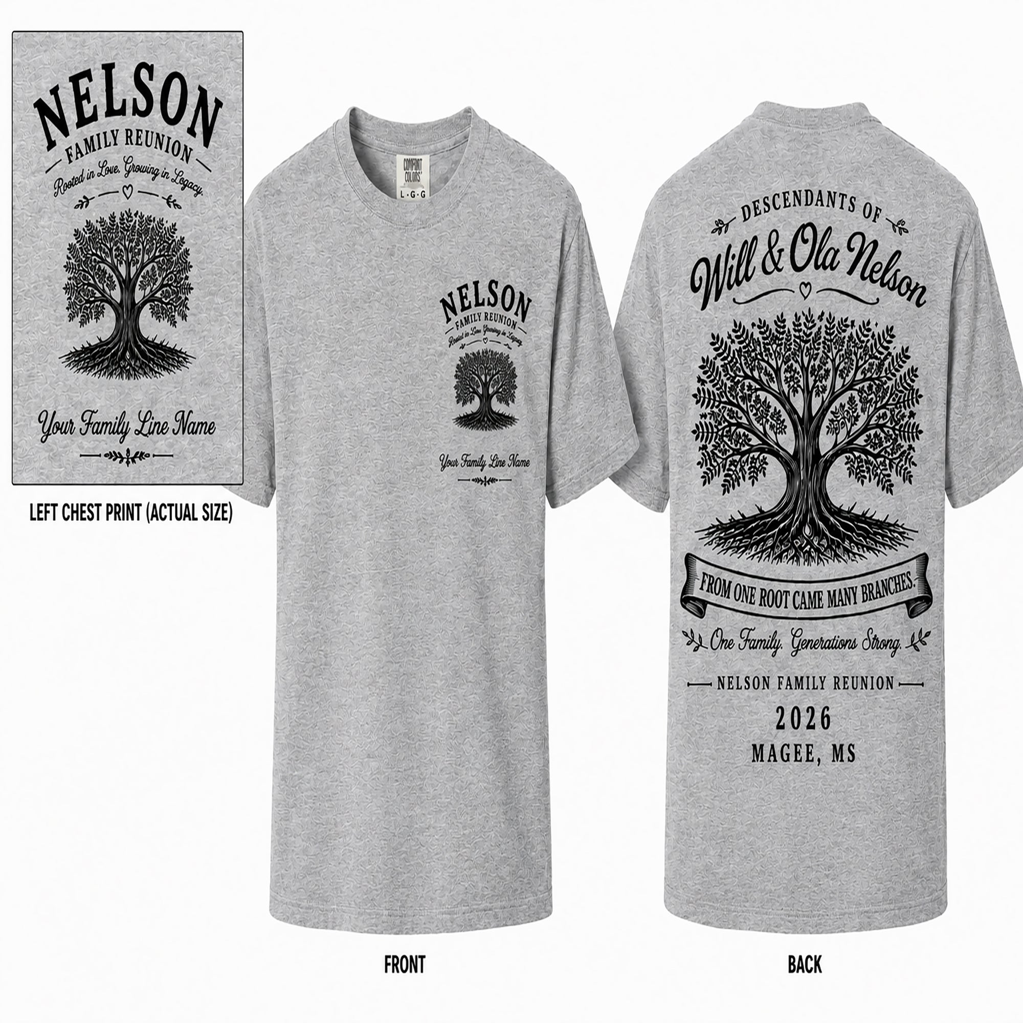 Heather gray Nelson family reunion T-shirt with tree graphic on front and back text