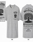Heather gray Nelson family reunion T-shirt with tree graphic on front and back text