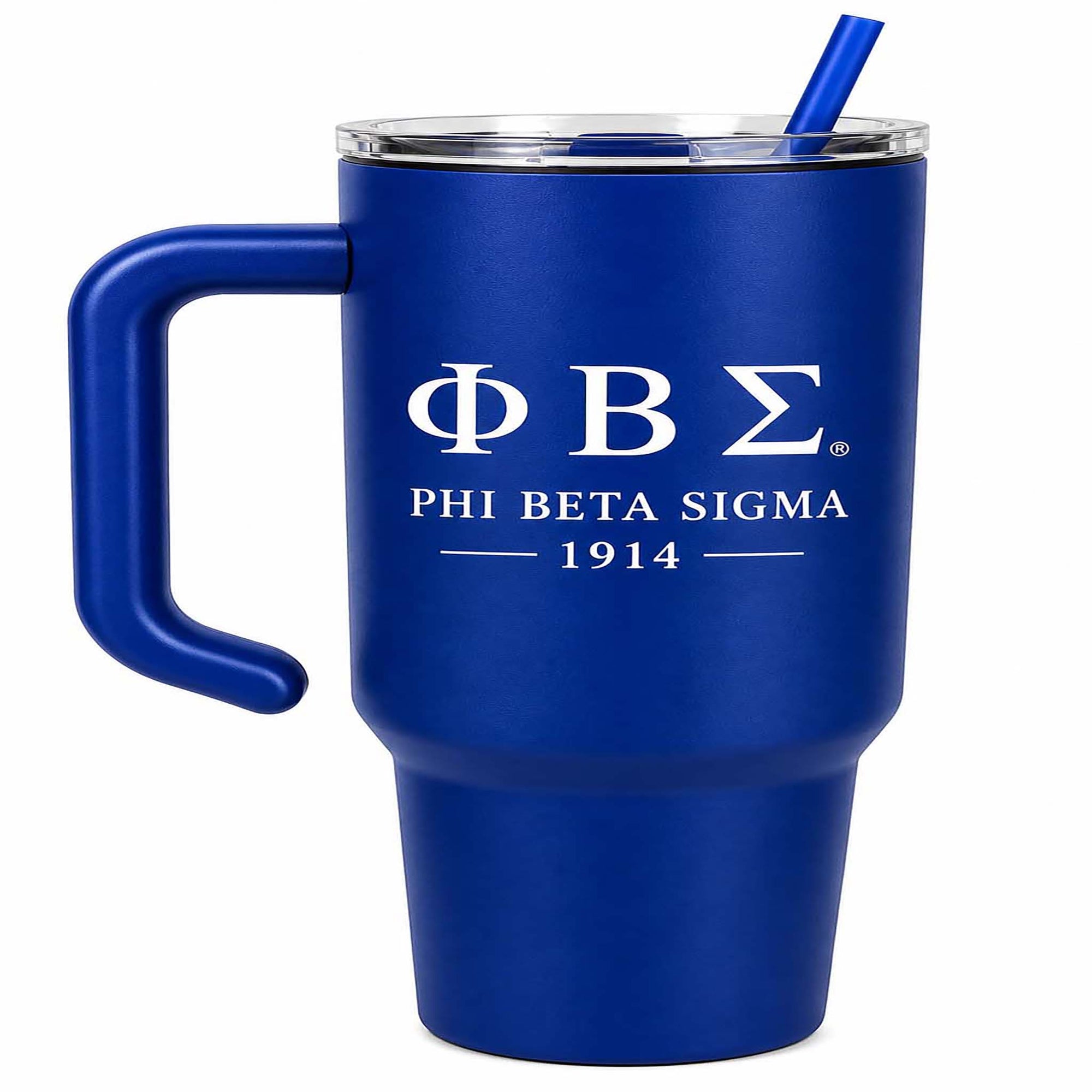 Royal Blu Phi Beta Sigma Tumbler with handle bearing the greek letters Phi Beta Sigma with the words Phi Beta Sigma under it followed by 1914