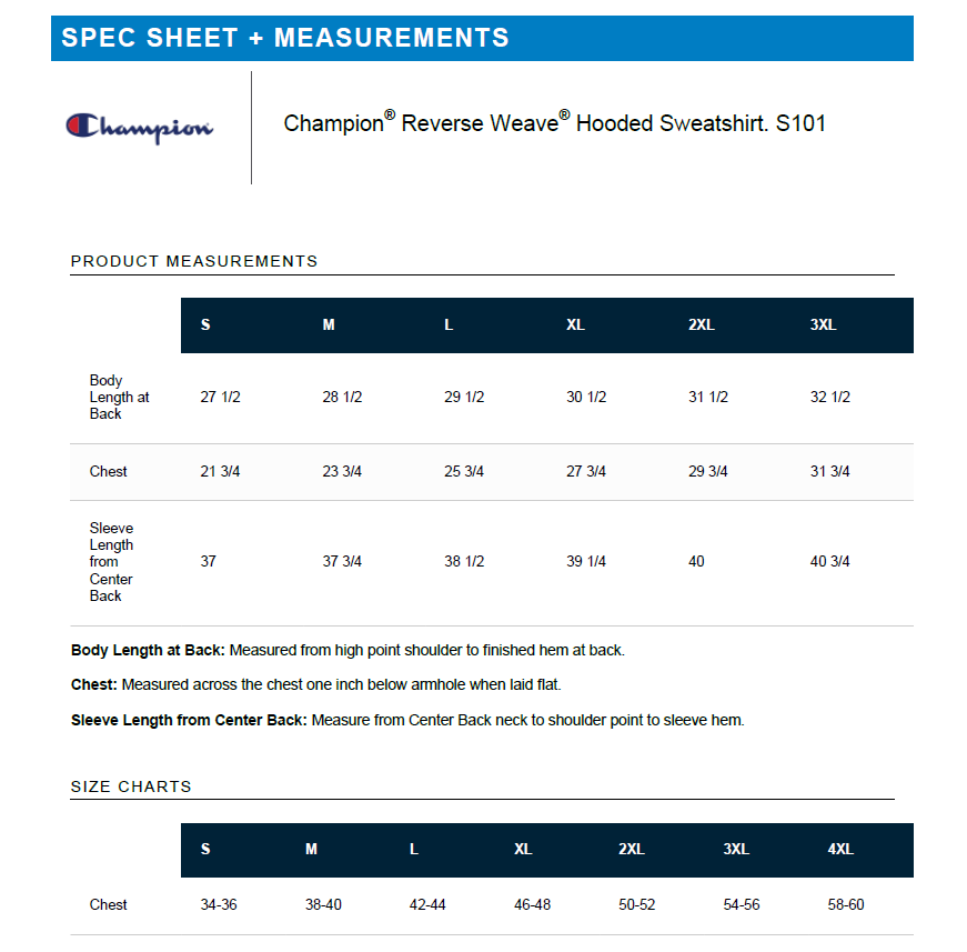 Measurement chart for Champion Reverse Weave Hooded Sweatshirt S101 with size chart.